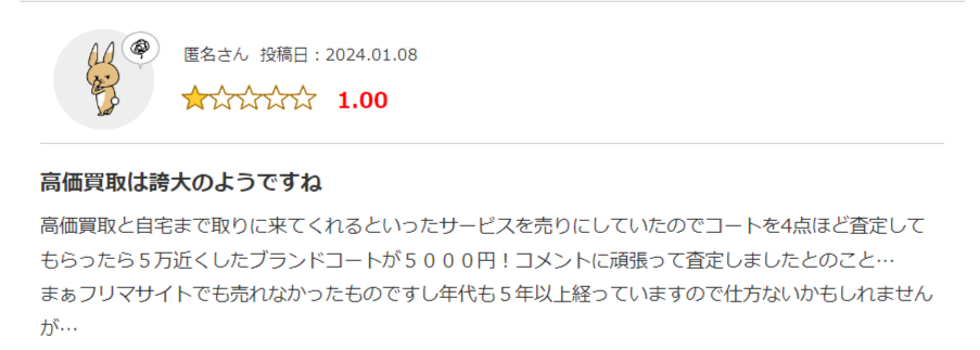 みん評口コミ：古いコートの高価買取は難しい