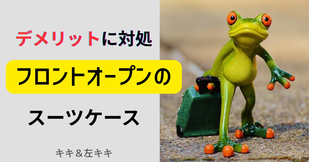 スーツケースを引く蛙の正面図