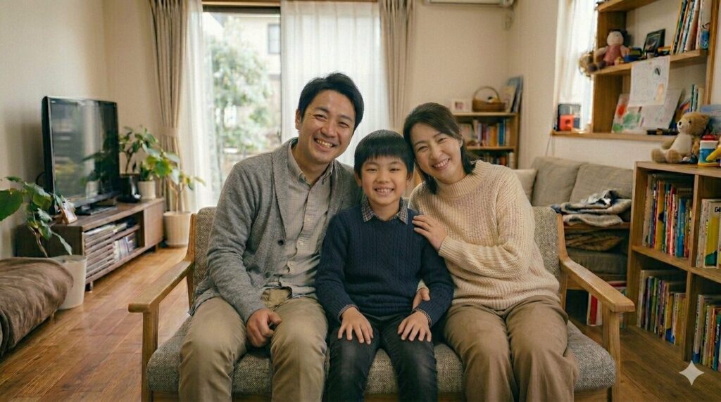 リビングで楽しそうな３人家族