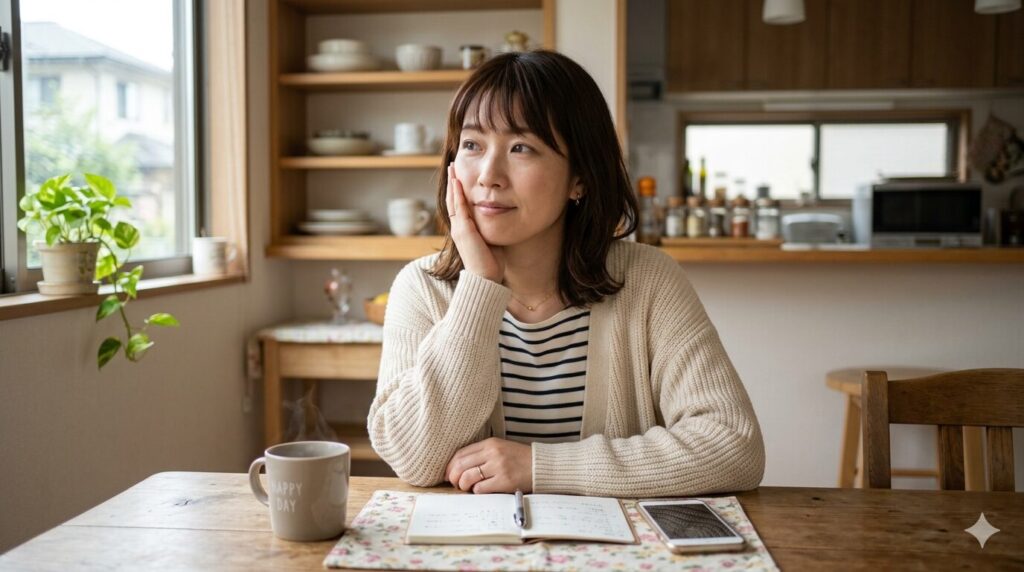 ほおに手を当てて考えている30代主婦